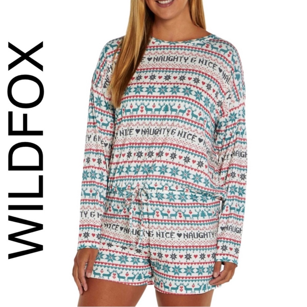 NWT, WILDFOX Naughty & Nice Fair Isle Holiday 2-Piece Pajama Sleep Set, LARGE